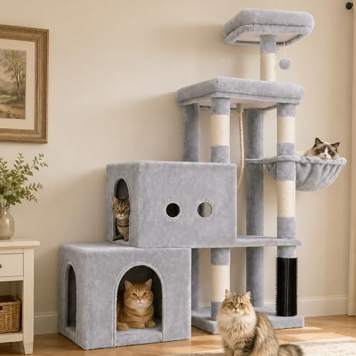 Hey-brother Kratzbaum für Kätzchen, stufenförmigem Klettergang, MPJ061W | 130 cm stabil Katzenbaum mit 2 geräumigen Höhle, 2 Plattformen, korb & Sisalseil, für kleine & mittelgroße Katzen, Hellgrau