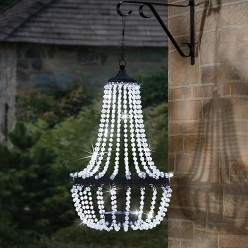 LIVHOME 28 Solar Crystal Chandelier Light Outdoor Hanging Lantern LED Garden Pendant Waterproof Patio Gazebo Tree Decor Cool & Warm White Lights (Cool White)