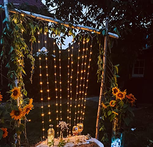 hellum LED-Vorhang Kupferkabel Tauperlen Lichterketten-Vorhang Außen-Innen 180 warmweiße LED, 12 Stränge beleuchtet 1x1,3m Schlafzimmer Wohnzimmer Kinderzimmer Deko Balkon Garten Timer+Trafo 577624