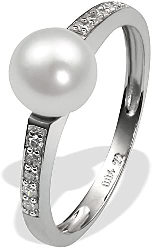 Goldmaid Damen-Ring 9 Karat 375 Weißgold 1 Süsswasserperle 10 Diamanten 0,09 ct. Gr. 58 (18.5) Verlobungsring Diamantring