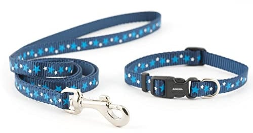 Ancol Small Bite Stars Collar and Lead Set Blue Adjustable Design for Puppies and Small Dogs - 1m Lead with Soft Webbing - 20-30cm