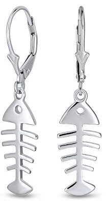 Nautische Urlaub Ozean Meer Hebel Zurück Tropfen Baumeln Skelett Fischgräten Fisch Ohrringe Für Frauen Teen .925 Sterling Silber