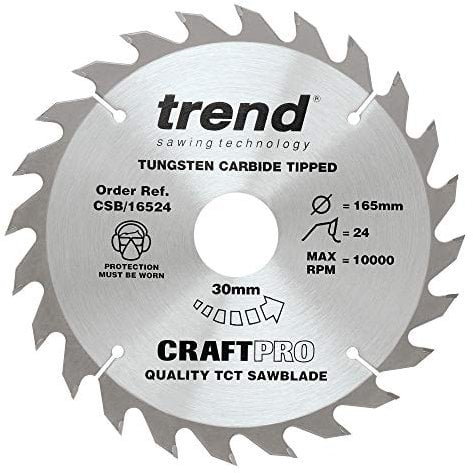 Trend Wood Circular Saw Blade, 165mm Diameter, 30mm Bore, 24 Teeth, 2.4mm Kerf, +15° Hook, TCT, Medium Finish, CSB/16524