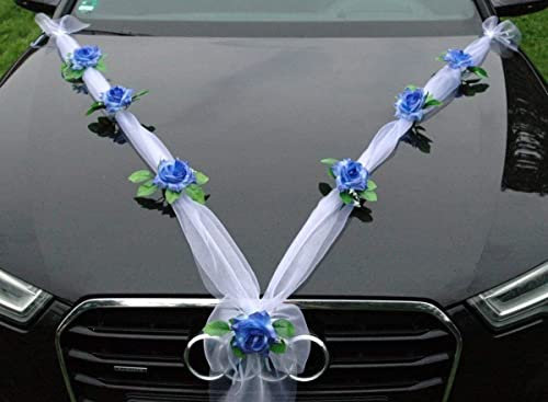 Organza M Auto Schmuck Braut Paar Rose Deko Dekoration Autoschmuck Hochzeit Car Auto Wedding Deko Girlande PKW (Hellblau/Weiß)