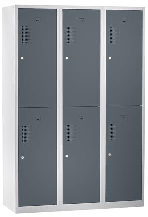 Certeo eurokraft | Basic | Doppelstock-Spind | 3 Abteile | Breite 1200 mm | 6 Fächer | lichtgrau/basaltgrau