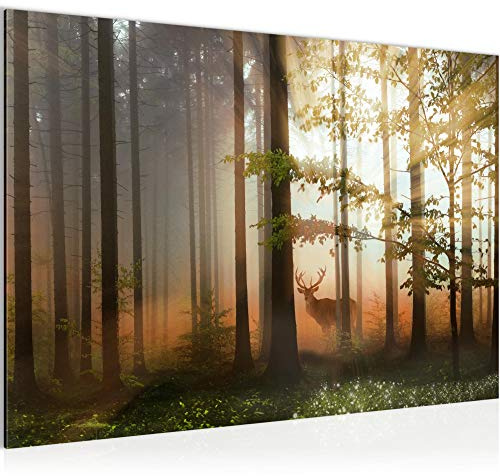 Runa Art Bild Wald Hirsch Modern Wandbilder Wohnzimmer Schlafzimmer 1 Teilig - Made In Germany - Natur Grün Gelb Flur 012715a