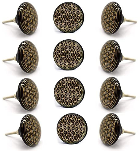 Nacnic Set aus 12 handbemalten schwarz-goldenen Mandala Keramikknöpfen. Handgefertigte Griffe für Schränke, Schubladen, Kommoden und Kleiderbügel. Klassische Keramikknöpfe mit 40 mm Durchmesser