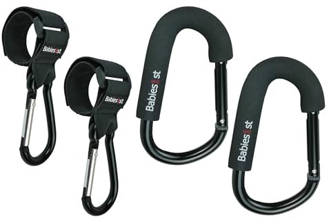 Babies1st Spar Set: Rutschfeste Kinderwagen Karabiner mit Premium Klettverschluss (2-er Set) und große Karabiner 14 cm (2-er Set)