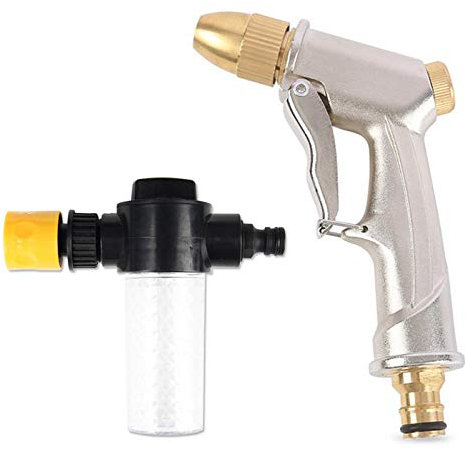 Pistola rociadora de Manguera de Jardín Alta Presión, Pistola de Riego Metálico Alta Presión Regulable del Caudal Pistola Agua Jardin con Botella de Espuma para Lavado de Coches, Riego