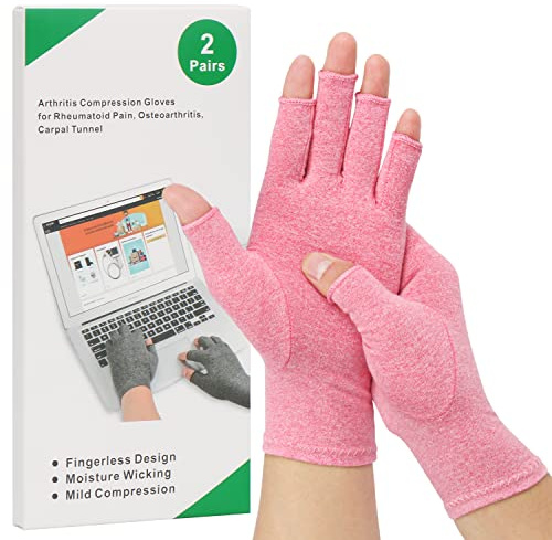 2-Paar Arthritis-Kompressionshandschuhe zur Linderung von rheumatoider Osteoarthritis, Muskelverspannungen lindern, fingerlos, atmungsaktiv & feuchtigkeitsregulierend, Frauen und Männer (Rosa, L)