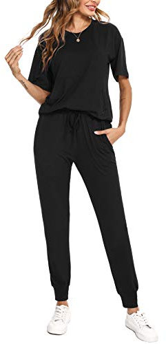 Totatuit Cotton Womens Tracksuit Set 2 Piece Lounge Wear Outfit Ladies Summer Co ord Set Short Sleeve, Long Sleeve Top and Drawstring Trousers XXL Black