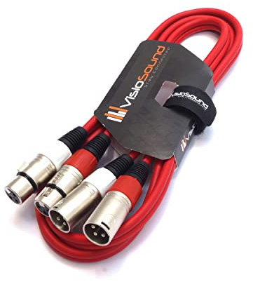 VisioSound 2 x Male XLR to 2 x Female XLR Balanced Microphone Twin Lead/Audio Patch Cable - 3 Colours (1.5m-red)