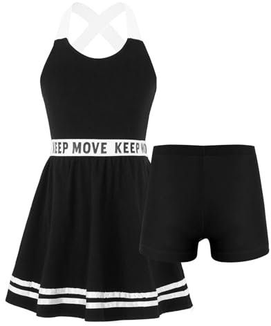 YOOJIA Mädchen Tanzkleid Ärmellos Sommerkleid Freizeitkleid Mit Unterhose Panties Sportanzug Tanzkleidung Sport Tennis Outfit Tanz Set Schwarz 146-152