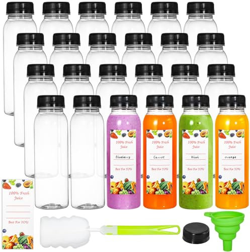 YOUEON 24 Pack 8 Oz Empty Plastic Juice Bottles with Caps, Reusable Water Bottles, Juice Containers With Lids For Fridge, Smoothie Bottle for Drinks, Juices, Smoothies and Other Beverages