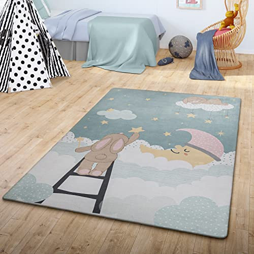 TT Home Teppich Kinder Kinderzimmerteppich Junge Mädchen Kinderteppich Babymatte Wolken, Farbe: Türkis Weiß Gelb, Größe:120x160 cm