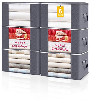 KALAHOL Large Capacity Clothes Storage Bags with Zips, 90L Foldable Clothing Storage Bags Organizer with Reinforced Handle Thick Fabric for Comforters, Clothes, Blankets, Bedding, 6 Pack, Dark Grey