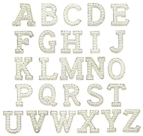 52Pcs Pearls Iron on Letter Patches A-Z, Embroidered Pearls Rhinestone English Letters, Iiron on Letters for Running Vest or Sew On Appliques for Clothing Jeans Caps