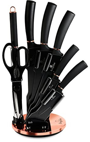 Berlinger Haus Black Rose Professionelles Küchenmesser-Set 8-Teilig, Edelstahl, Antihaftbeschichtung, Acrylhalter, Kochmesser, Zwiebelmesser, Santoku-Messer, Wetzstahl, Schere, Modernes Design