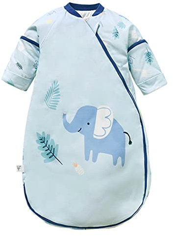 Chilsuessy Baby Winter Schlafsack mit abnehmbaren ärmeln 3.5 Tog Warm Schlafsack Langarm Kinderschlafsack Babyschlafsack aus ganz soft natürlich Baumwolle, Elefant/3.5 Tog, L/Babyhöhe 80-90cm