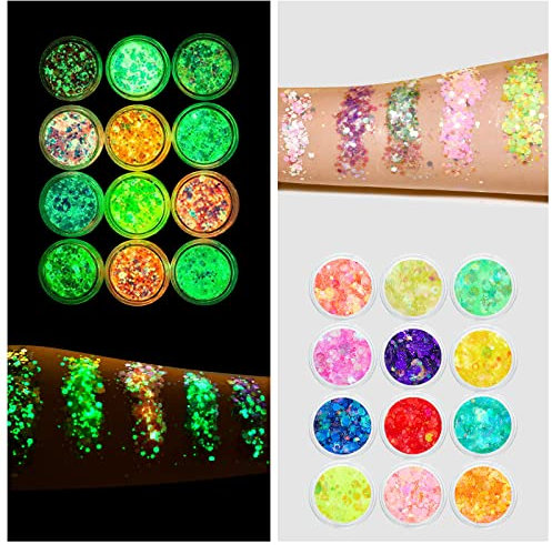 AOOWU Fluorescent Glitter, 12 Farben Glitzer Gesicht Fluorescent Sequin Mit Gel, Halloween Schminke Make-up Glitzer Haare, Körperglitzer Festival Zubehör für Weihnachten Gesicht Nägel Lippen Körper