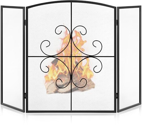Gtongoko Pantalla de Chimenea de 3 Paneles de 48 Pulgadas de Ancho x 29 Pulgadas de Alto, Rejilla Decorativa de Hierro Forjado para decoración del hogar, Color Negro