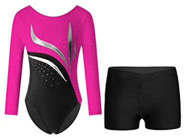 YOOJIA Kinder Mädchen Glitzer Turnanzug Langarm Trikot Leotard Gymnastikbody Tanz Body mit Shorts Kurze Hose Set Wettbewerb Tanzkostüm Hot Pink & Schwarz 110-116