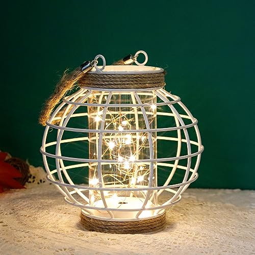 JHY DESIGN Hanging Lamp with Handle, 18.5cm High Battery Powered Vintage Cage Lightwith 20pcs Fairy Lights for Garden Outdoor Tree(White)