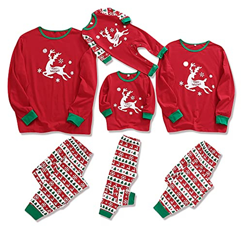 Zoerea Pigiama Natale Famiglia Coordinati Modello di Renna Manica Lunga Top e Pantaloni Pigiameria Autunno Inverno Pajamas Set per Coppia Donna Uomo Bambini Rosso, 12-18 Mesi