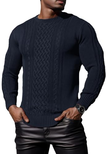 Hisir Maglioni da Uomo Maglione Lavoro a Maglia a Cavo Invernale a Girocollo con Filo Spesso e Caldo a Manica Lunga Maglia da Uomo Top (Blu Marino, M)