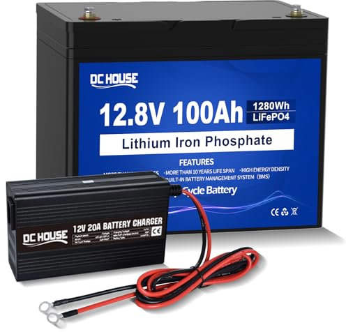 DCHOUSE Batteria Litio 12V 150Ah con indicatori di stato e Caricabatteria per Batteria LiFePo4 12V 20A, 120A BMS integrato, Max.15000 Cicli, Batteria al Llitio per motori elettrici, pannelli solari