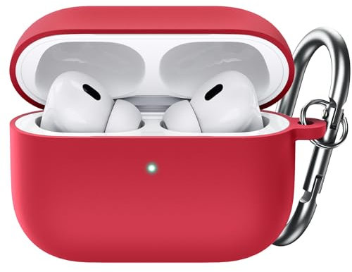 JETech Aufgerüstet Silikon Hülle für AirPods Pro (2./1. Generation 2023/2022/2019) mit Schlüsselanhänger, Hart PC Innenleben, Stoßfeste Schutzhülle, Front LED Sichtbar (Rot)