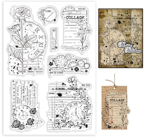 GLOBLELAND Zeit Pflanze Transparente Silikonstempel Retro Text Klare Stamps Vintage Hintergrund Silikonstempel Für Kartengestaltung DIY Prägung Journaling