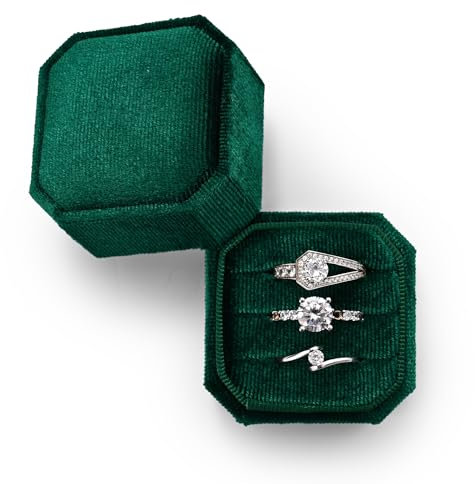 Oirlv Samt 3 Slots Achteck Ring Box 3 Ringbox für Vorschlag Verlobung Hochzeit Valentinstag(Grün)