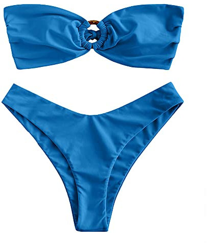 ZAFUL Damen Bikini Set mit O-Ring und Raffung hinten, hoher Schnitt, Bandeau Bikini Set, solide gepolstert, trägerlos, Zweiteiliger Badeanzug (1-Blau,L)