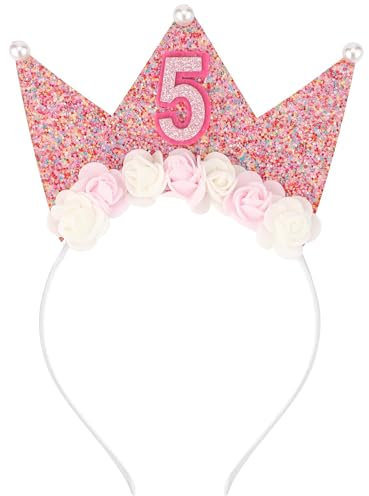 ELIHANA Geburtstagskrone Mädchen, Glitzer Krone 5. Geburtstag Mädchen, Kinder Krone Geburtstag mit Perlen und Rose Blumen, Krone 5 Jahre Mädchen für Baby Kinder Geburtstag Party (5 Jahre)