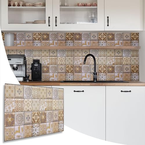 NOVECRAFTO Mediterranean Design 3D Wall Panels - 20 Sheets 99.2 sqft (9.22 sqm) Decorative PVC Plastic Cladding Panel Size 37.79 x 18.89 in (96x48 cm) – Brown & Beige Mediterranean Tile Pattern