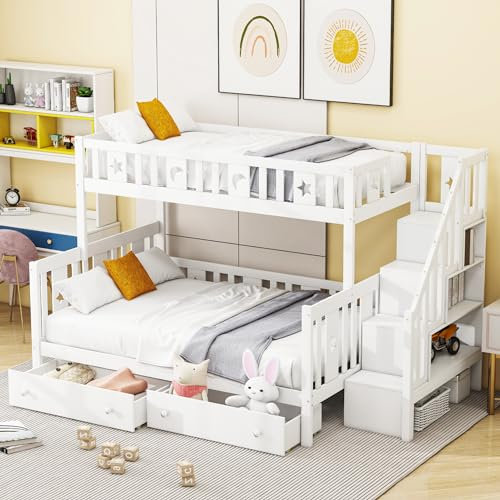 Etagenbett Kinderbett 90x200 & 140x200 für 2-3 Kinder, Hochbett mit Treppe und 2 Stauraum Schubladen, Bett mit Rausfallschutz, Lagerregal und Lattenrost, Multifunktionsbett Stockbett Jugendbett, Weiß