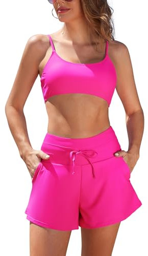 SHEKINI Maillot de bain deux pièces pour femme avec poches taille haute et cordon de serrage - Bandeau push-up réglable - Contrôle du ventre, rose fluo, XL