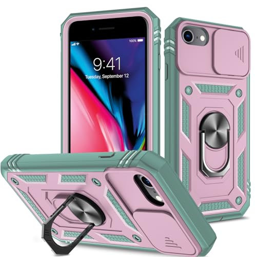 For iPhone 7 Plus/ 8 Plus/6S Plus/6 Plus Phone Case with Slide Camera Cover Military Grade Protective Shockproof [360°Rotatable Ring and Kickstand] Anti-Scratch Armour Phone Cover,Pink Gray Green