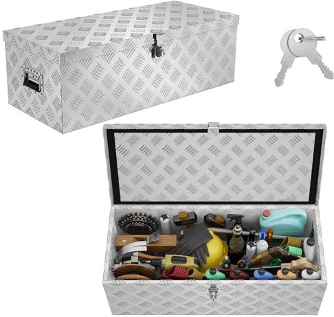 UISEBRT Aluminium Werkzeugbox mit Schloss, Alubox Transportbox 762x330x244 mm, robuste Alu Kiste für Werkzeuge, Anhängerbox, wasserdichte Aufbewahrungsbox mit 2 Schlüsseln (Silber)