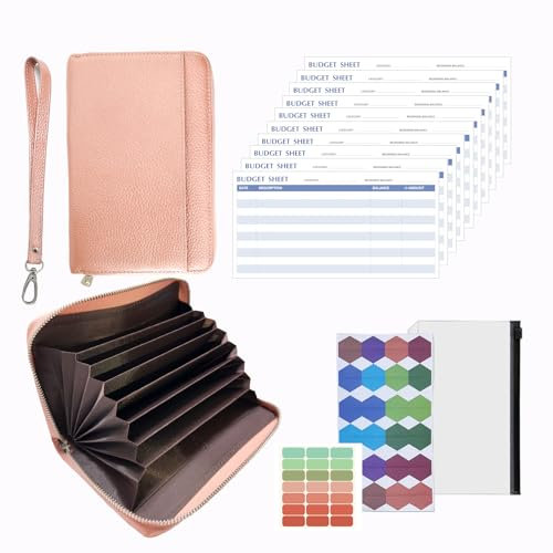 Budget Geldbörse,Budget-Planer,Cash Stuffing Savings Challenge,RFID-Schutz, Cash Umschlag Geldbörse, All in One Budget-System mit 12 Budget-Blätter,Kategorie Label und Handgelenk 19cm*13cm (rosa)