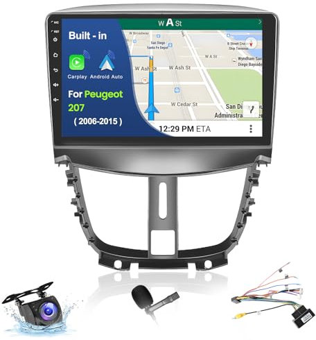 Inefala Upgrade 9 Touchscreen Car Radio, 2 DIN Car Stereo para Peugeot 207 2006-2015, 2G+64G, Wireless Carplay & Android Auto, GPS/WiFi/BT/USB/RDS/FM Mic Rear View Camera