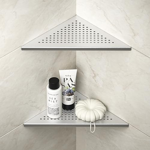 Bernkot Corner Shower Shelf 304 Stainless Steel, Recessed Corner Shelves Slot Design, 10 Triangular Corner Shelf 1.5mm Thickness Bathroom Shelf for Tiled Wall, No Drilling, Silver, 2 Pack