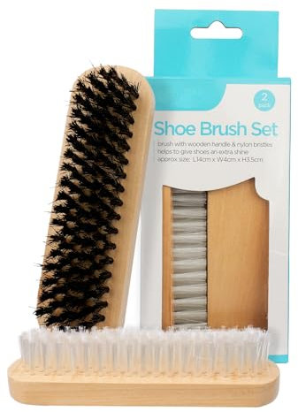 2 Shoe Brush Set - Traditional Wooden Handle Brushes For Cleaning, Polishing Leather Shoes & Boots, Buffing, Soft & Stiff Bristles
