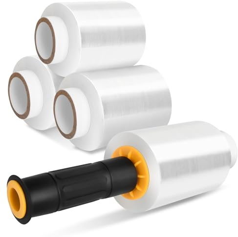 Suimlmta Mini-Schrumpffolie, 4 Rollen, 150 m x 100 mm x 20 μm, Palettenfolie mit Griff, transparente Kunststoff-Stretchfolie, Frischhaltefolie für Industrie, Umzug, Verpackung, Möbelverpackung
