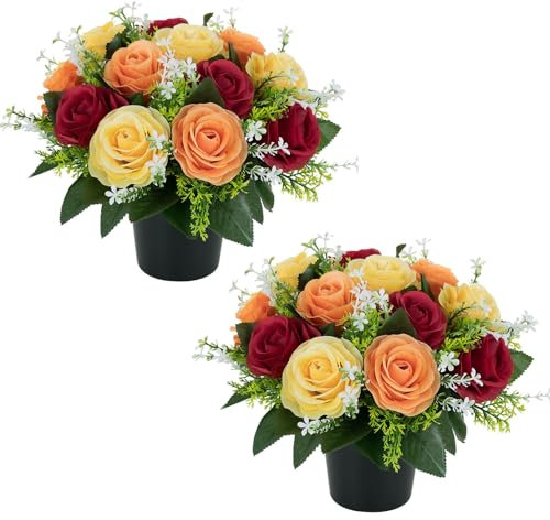 BLOSMON Artificial Flowers for Graves Pots: 2 PCS Red Yellow Orange Roses Grave Flower Pots Silk Cemetery Ornaments Outdoor Decorations - Fake Funeral Memorial Arrangements for Graveside