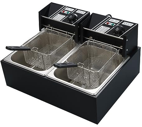 SFNIOKFG Friggitrice Commerciale in Acciaio Inox Friggitrice elettrica Doppia Vasca 6L*2 Volume Olio 2500Wx2 può Essere temporizzata 220V, Nero