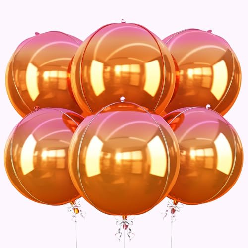 6Pcs Gradient Orange Round Foil Balloons, 22 Large Helium Ball Balloon, Metallic Pink Orange Balloon for Birthday Graduation Wedding Halloween Disco Prom Tropical Party Decorations