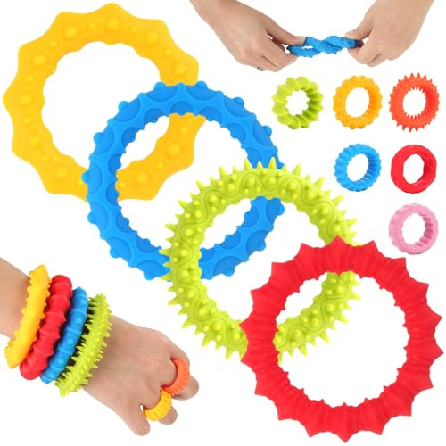 TianFukj 10 Stück Fidget Toys, 4 Stück Fidget Armband und 6 Stück Anti Stress Ring, Sensorisches Spielzeug, Anxiety Ring, Anti Stress Armband für Kinder Erwachsene Stress und Angst zu Reduzieren