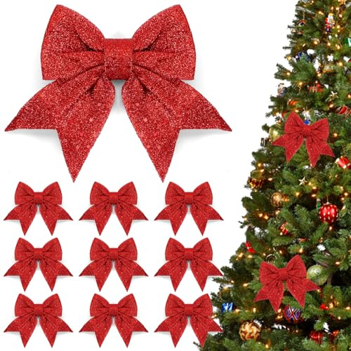 10 Stück Rot Weihnachtsschleifen, Glitzer Weihnachtsbaum Schleifen | Weihnachtsbaumschmuck Bogen für Weihnachtsbaum Deko, Geschenkverpackung, Hochzeitsdekoration und Festliche Partys